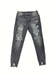  High Rise Skinny Jeans, Distressed Ripped, Button Fly