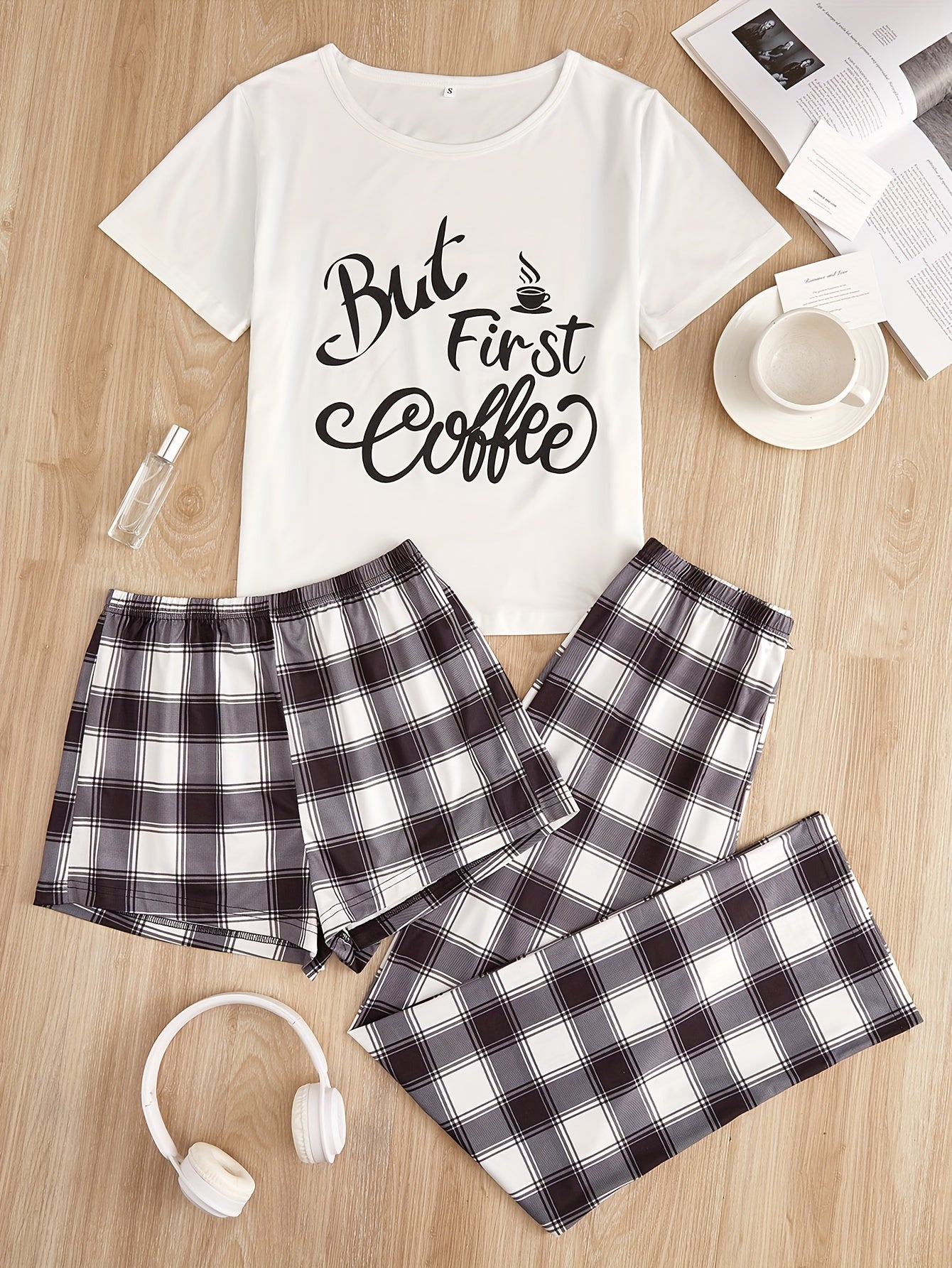 Letter Print Pajamas Set Short Sleeve Crew Neck Top & Shorts & Plaid Pants