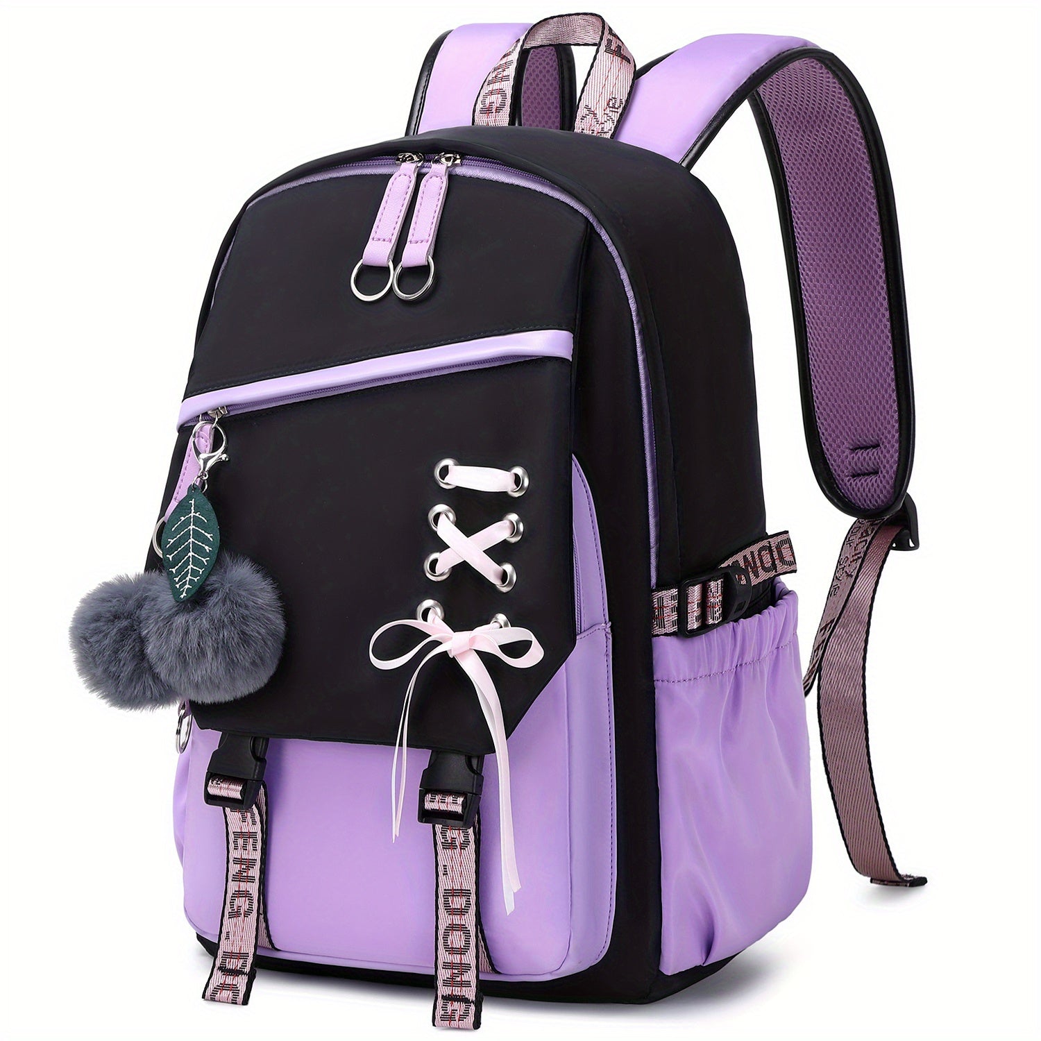 Girl School Backpack With Plush Ball Bag & Letter Pattern Strap