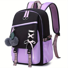 Girl School Backpack With Plush Ball Bag & Letter Pattern Strap