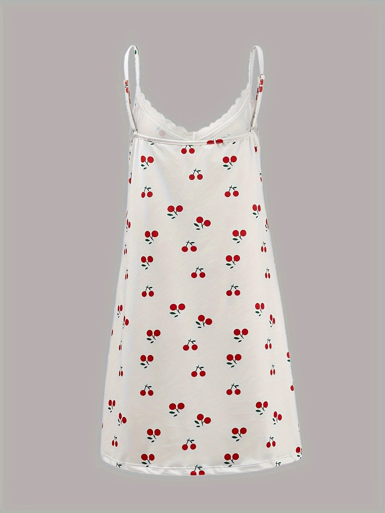  Cherry Print Lace Trim V Neck Cami Sleep Dress