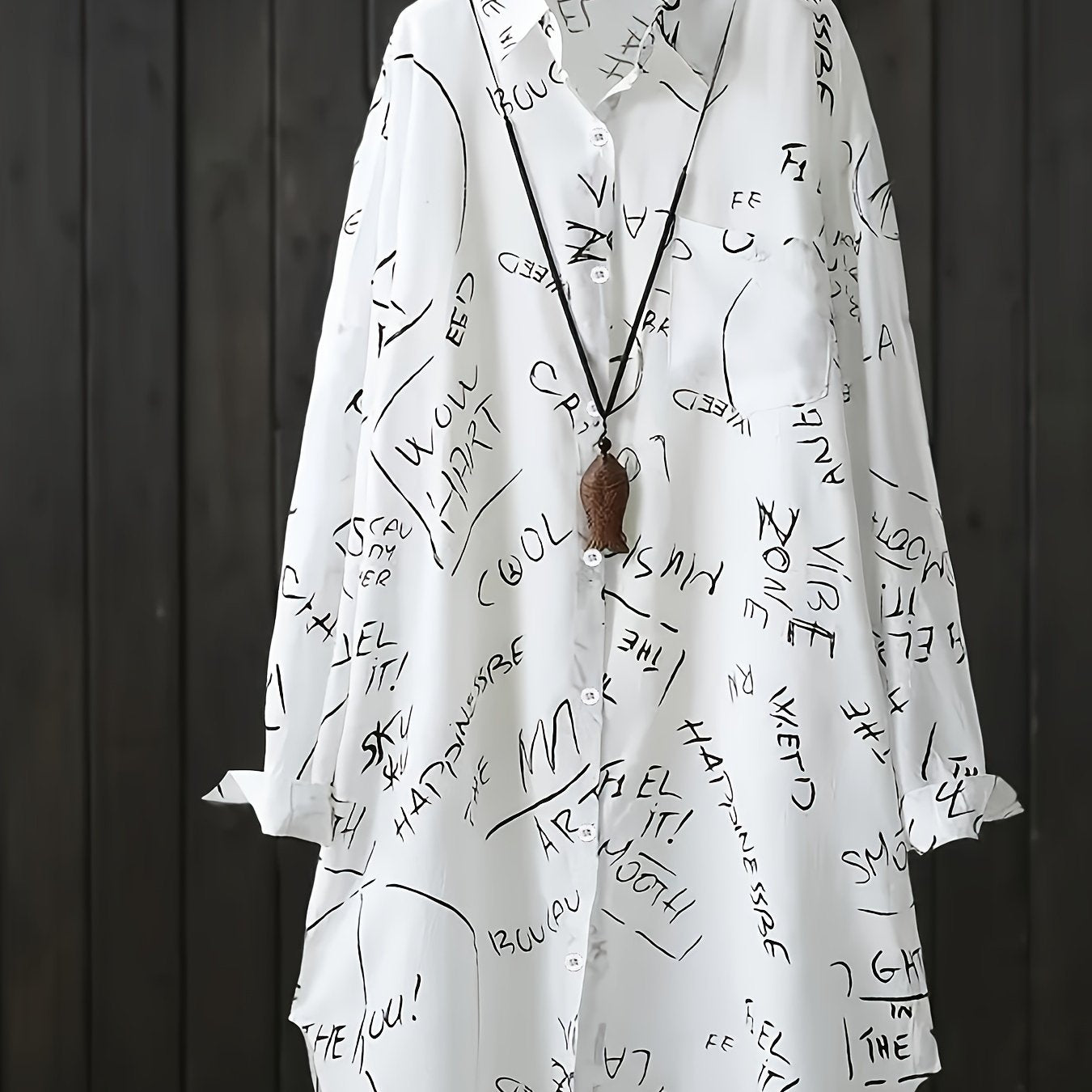  Letter Print Button Up Long Sleeve Blouse