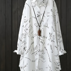  Letter Print Button Up Long Sleeve Blouse
