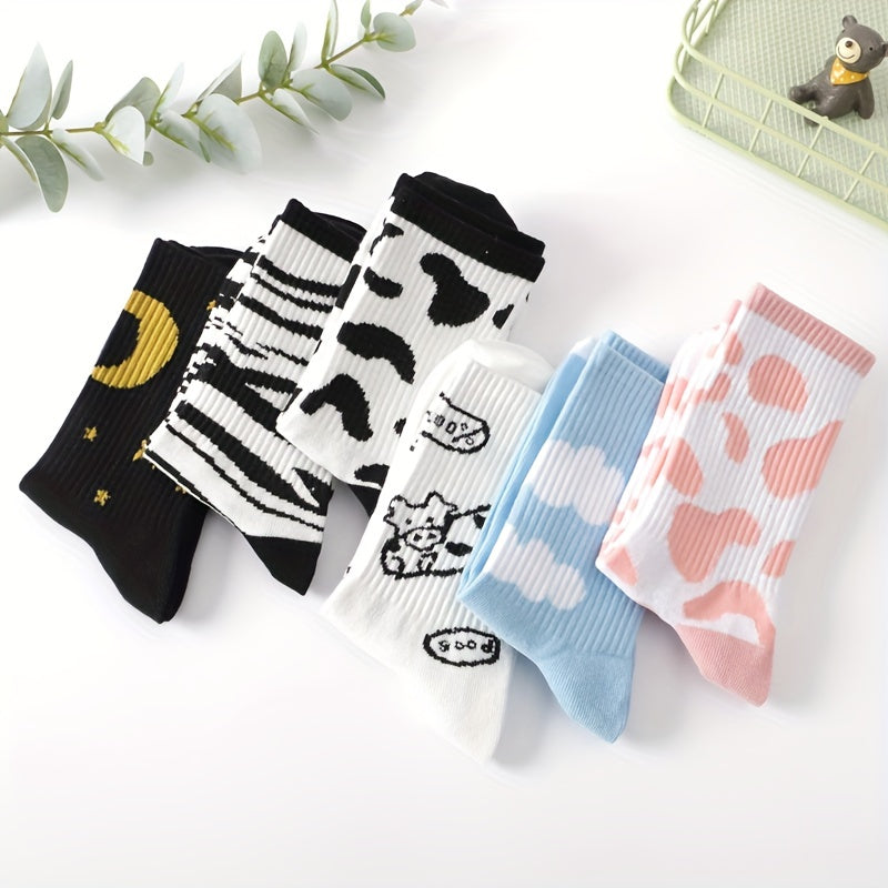 6 Pairs Cow Spot Print Socks Women's Crew Stockings Hosiery