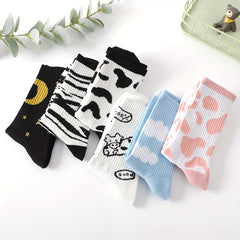 6 Pairs Cow Spot Print Socks Women's Crew Stockings Hosiery