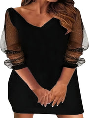 Contrast Mesh Sequin Long Sleeve V-Neck Dress