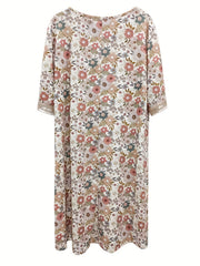  Floral Print Lace Sleeve V Neck Pleated Dress With Pockets