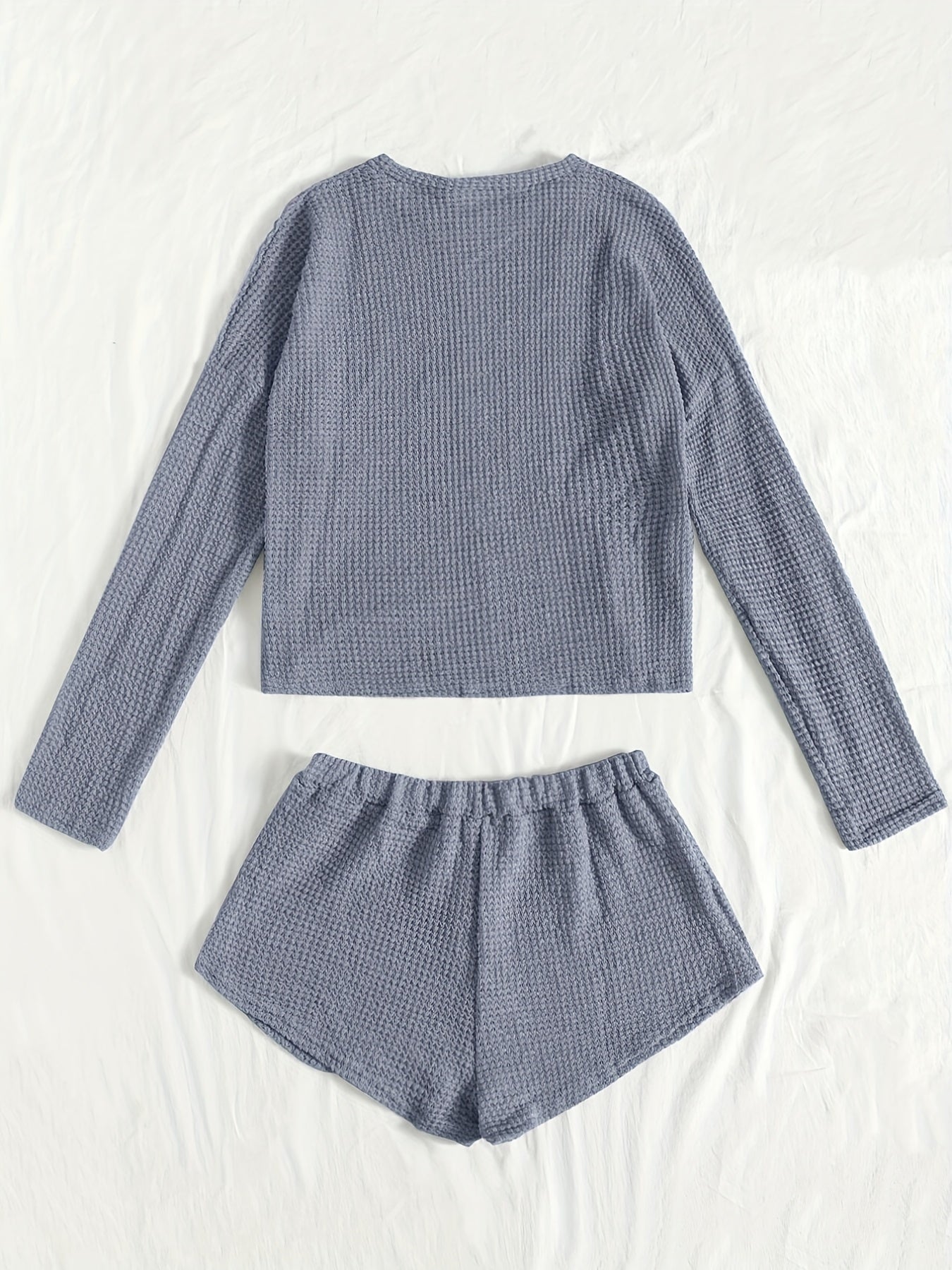 Solid Lounge Set Crew Neck Long Sleeve Top & Elastic Waistband Shorts