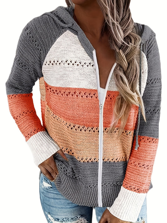  Colorblock Zipper Hooded Coat Long Sleeve Eyelet Embroidered