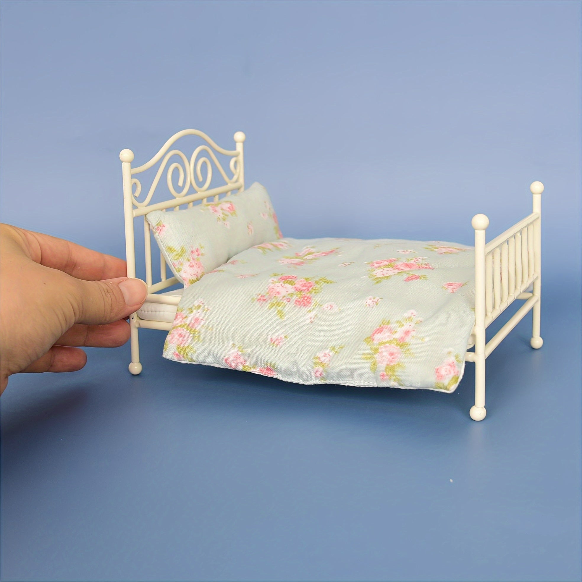 Dollhouse Metal Bed 1:12 Scale Iron Construction with Bedding