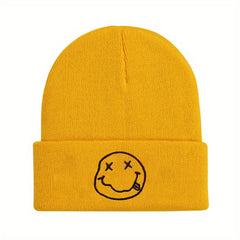 Happy Face Embroidered Beanie Hat