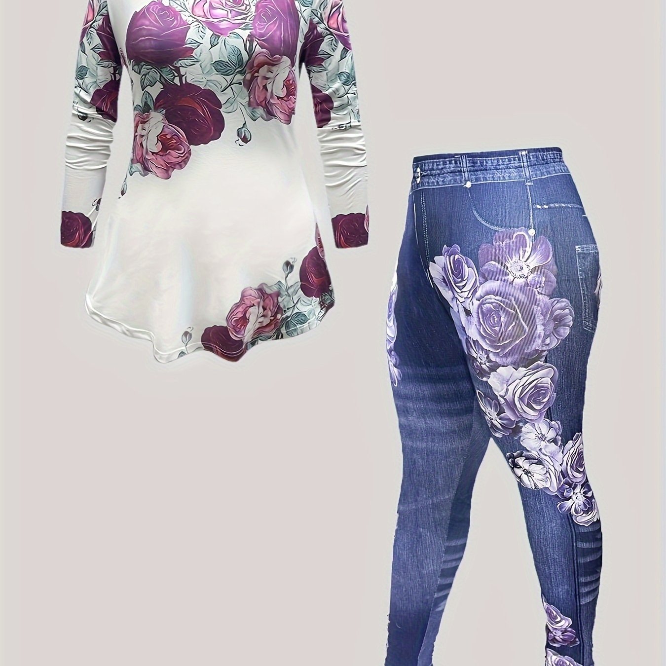  Floral Print Long Sleeve Top & Denim Leggings Set