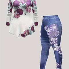  Floral Print Long Sleeve Top & Denim Leggings Set