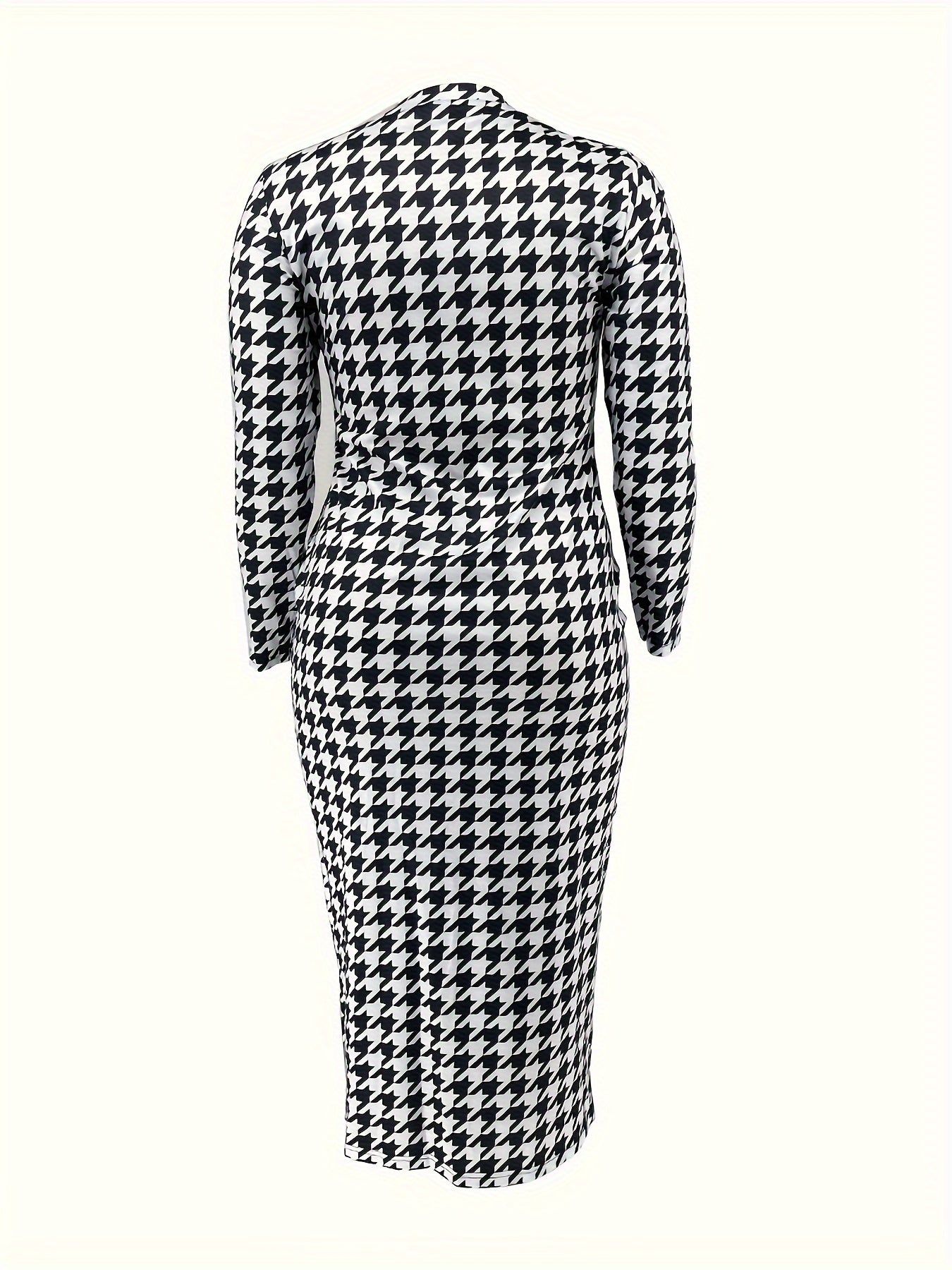  Women's Houndstooth Print Long Sleeve Maxi Dress