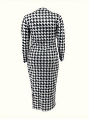  Women's Houndstooth Print Long Sleeve Maxi Dress