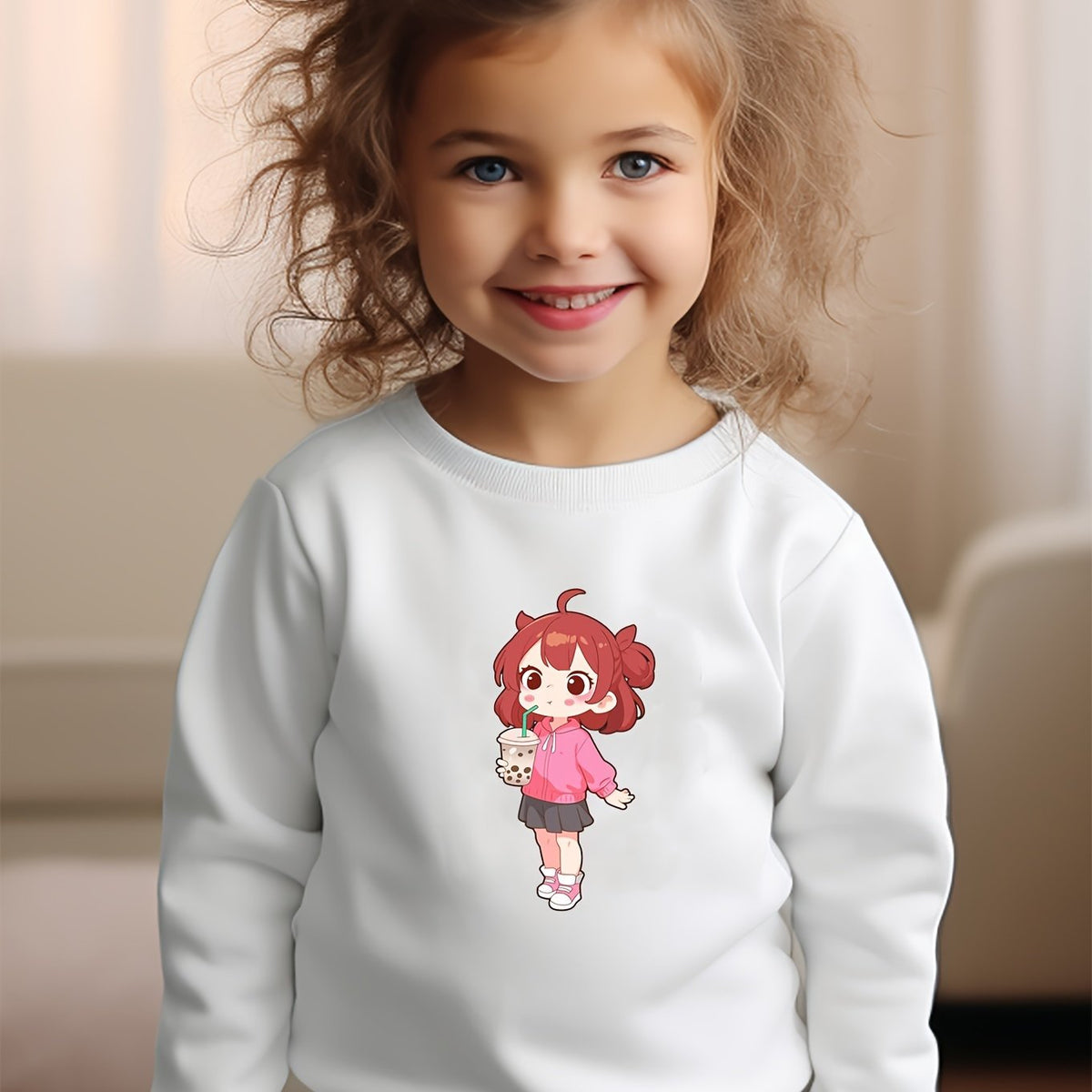 Girls Girl Pattern Crew Neck Long Sleeve Sweatshirt For Spring Fall
