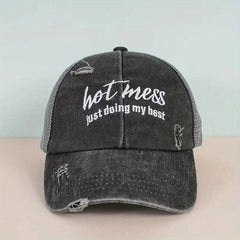 Hot Mess Embroidered Baseball Cap Washed Hole Ponytail Cap
