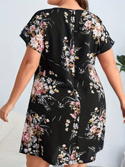  Floral Print Batwing Sleeve Loose Fit Dress