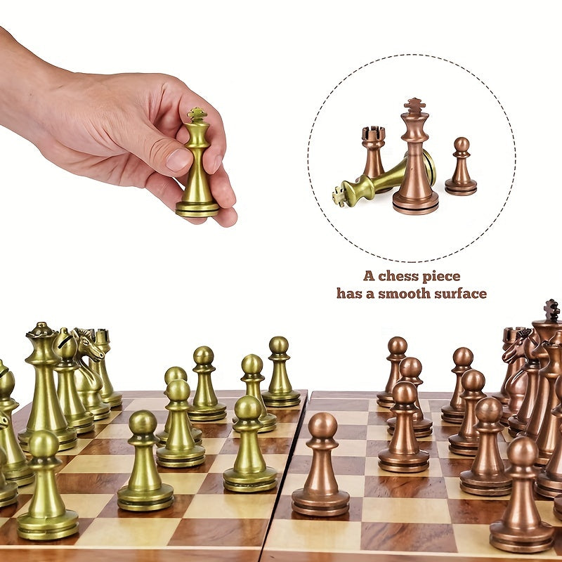 Wooden Chess Set with Metal Pieces in Foldable Box