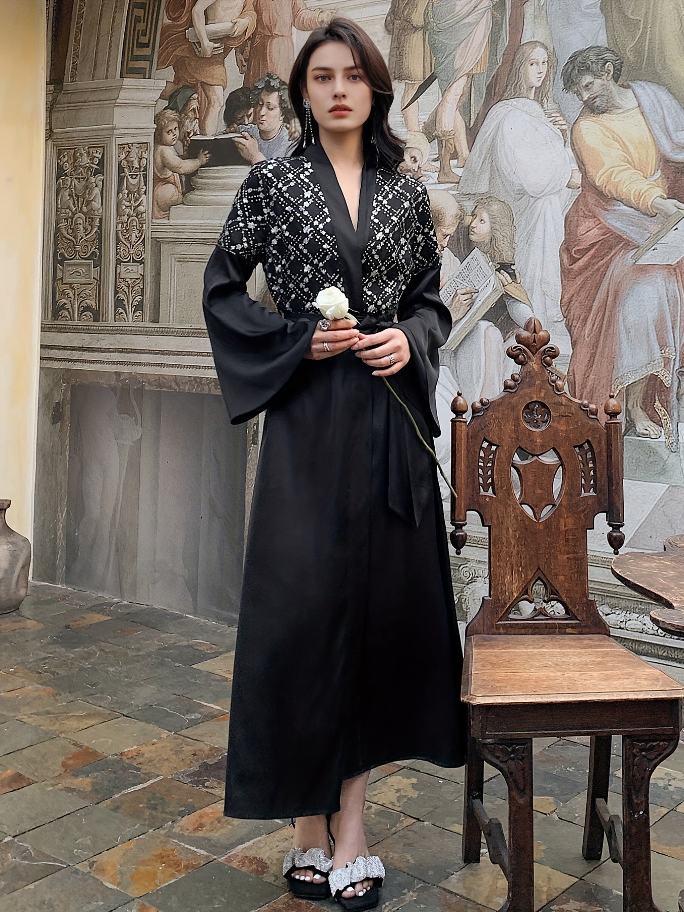 Sequin Satin Lounge Robe V Neck Long Sleeve Home Robe