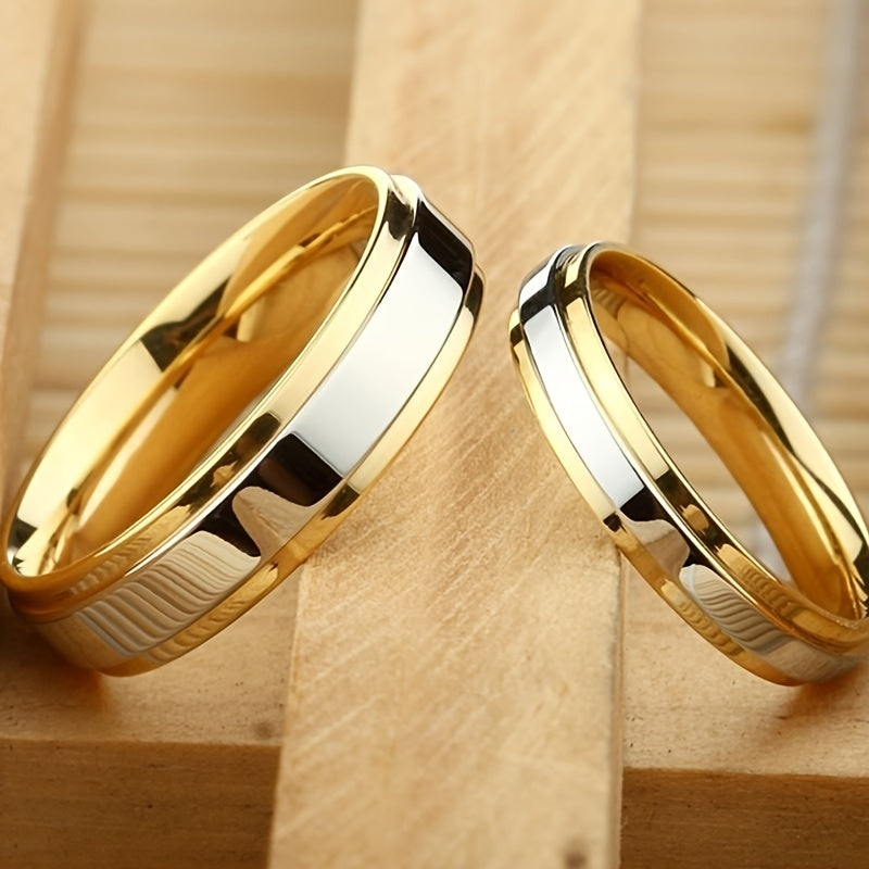 High-End Double Step Mirrored Golden SS Ring for Couples