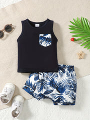 Boys Leaf Print Tank Top & Shorts 2pcs Set