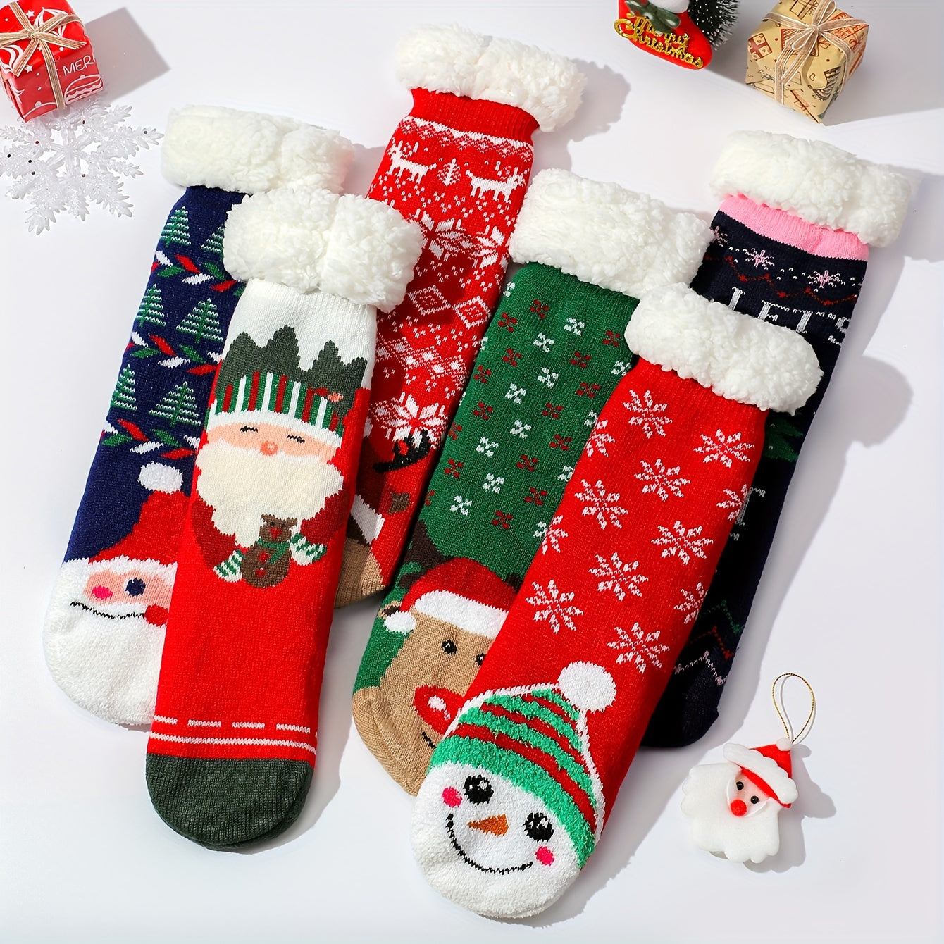 6 Pairs Christmas Print Plush Lined Socks Winter Warm Antiskid Floor Socks