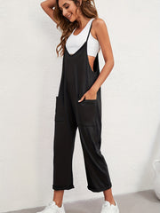 Plunging Jumpsuit Sleeveless Solid Jumpsuit With Pockets Women's Clothing