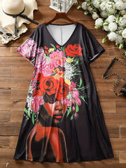  Casual Dress Women's Figure & Floral Print V Neck Dress