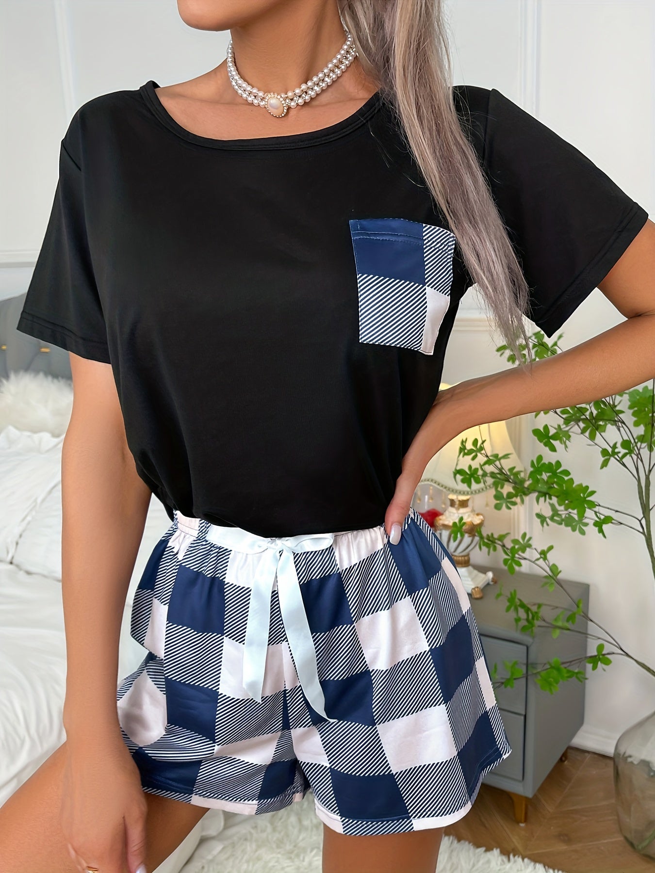 Plaid Pajamas Set Short Sleeve Tee & Bow Shorts PJ Women's Sleepwear