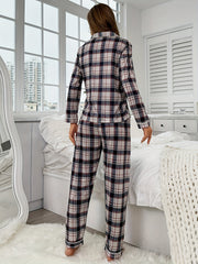 Plaid Print Pajama Set Long Sleeve Buttons Top & Elastic Waistband Pants