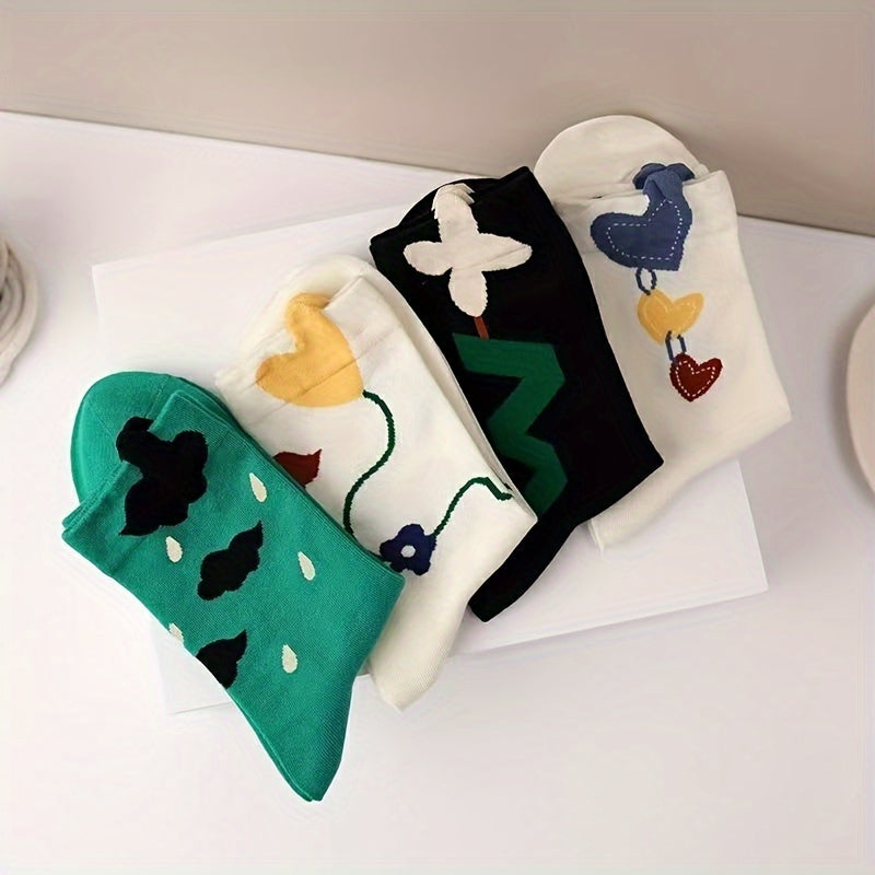 4 Pairs Heart Print Socks Soft Mid Tube Women's Stockings