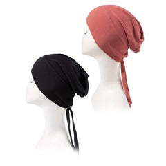 2pcs Lace Up Turban Inner Cap Head Wrap Hijab Underscarf Bonnet Beanie