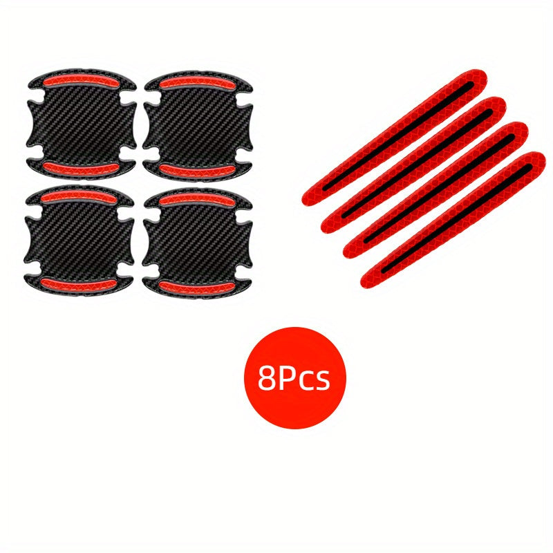 8pcs Car Door Handle Protection Sticker Set Carbon Fiber Pattern Reflective