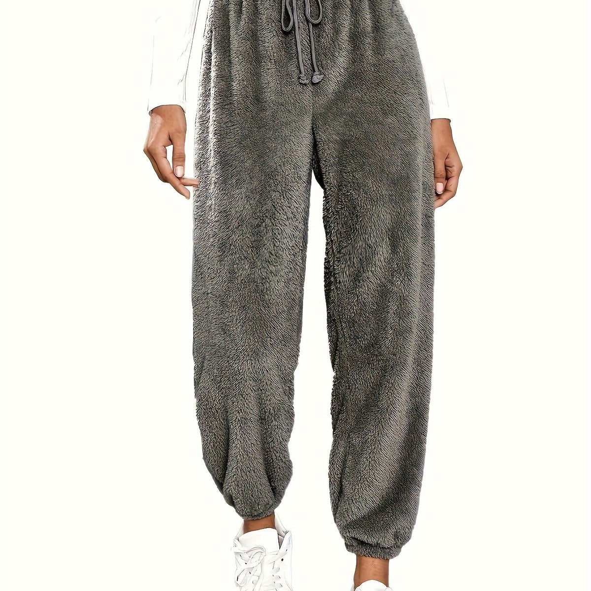  Casual Pants Women's Solid Fleece High Rise Elastic Drawstring Joggers