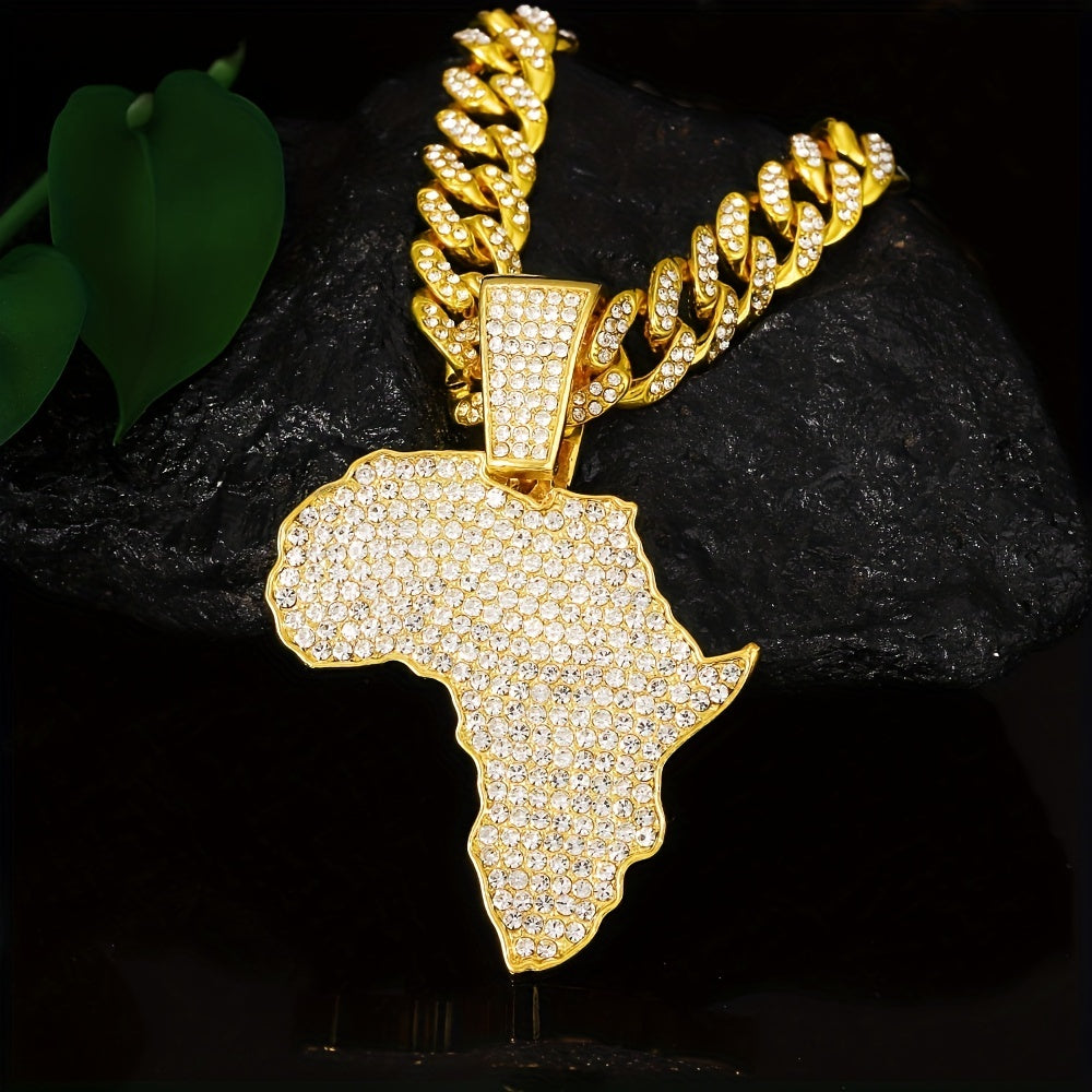 Men's Zircon Inlaid Map Pendant with Cuban Chain Necklace