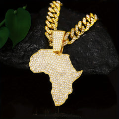 Men's Zircon Inlaid Map Pendant with Cuban Chain Necklace