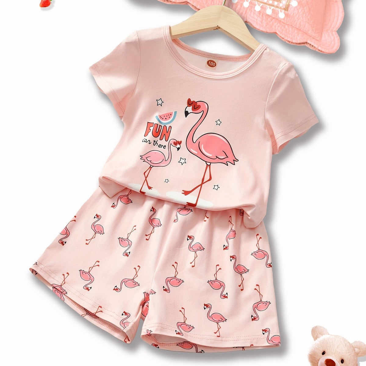 2pcs Toddler Girls Flamingo T shirt & Shorts Set Loungewear Pajamas Suit