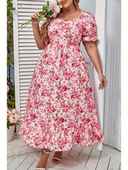 Floral Print Bubble Sleeve Sweetheart Neck Plus Size Dress