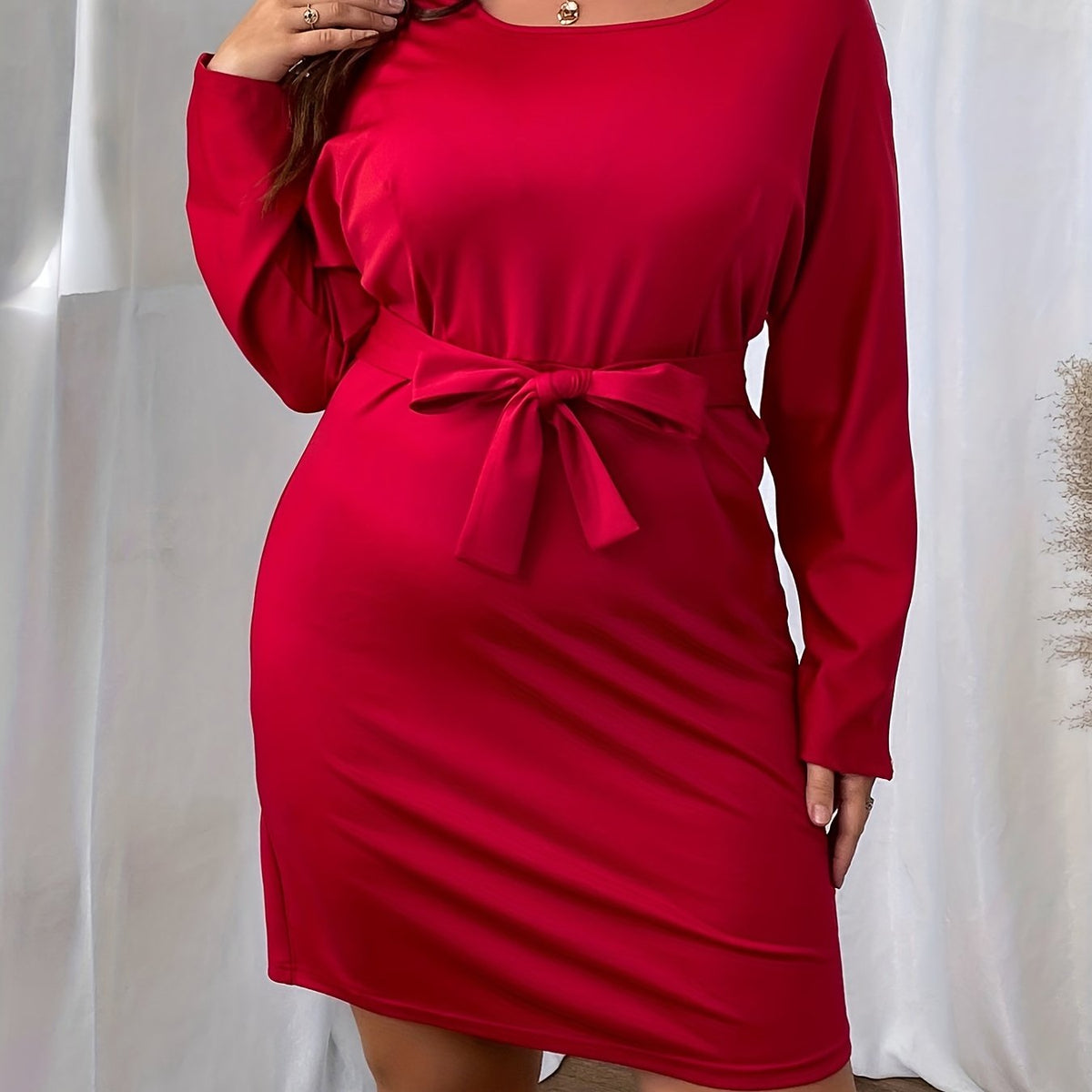  Solid Long Sleeve Round Neck Stretch Mini Belted Dress