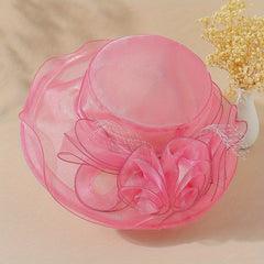 Organza Sun Hat Mesh Flower Derby Solid Bucket Hat Travel Beach Hats