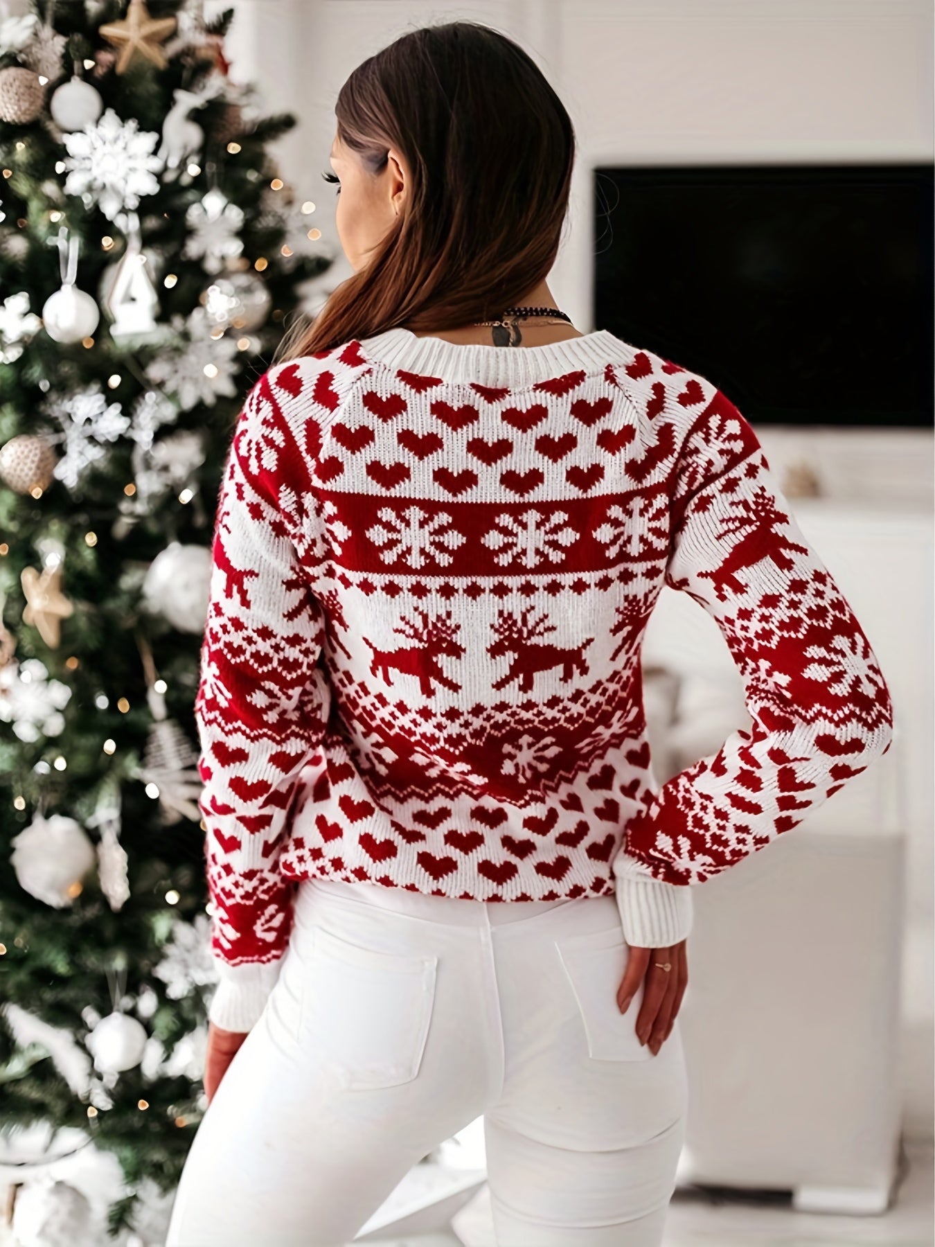  Colorblock Reindeer & Snowflake Print Sweater