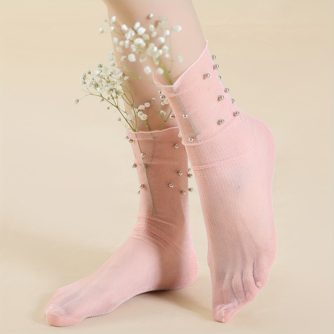 Beaded Mesh Socks Comfy & Breathable Mid Tube Stockings