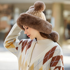 Thick Warm Fleece Winter Beanie Hat with Faux Fur Pom Pom