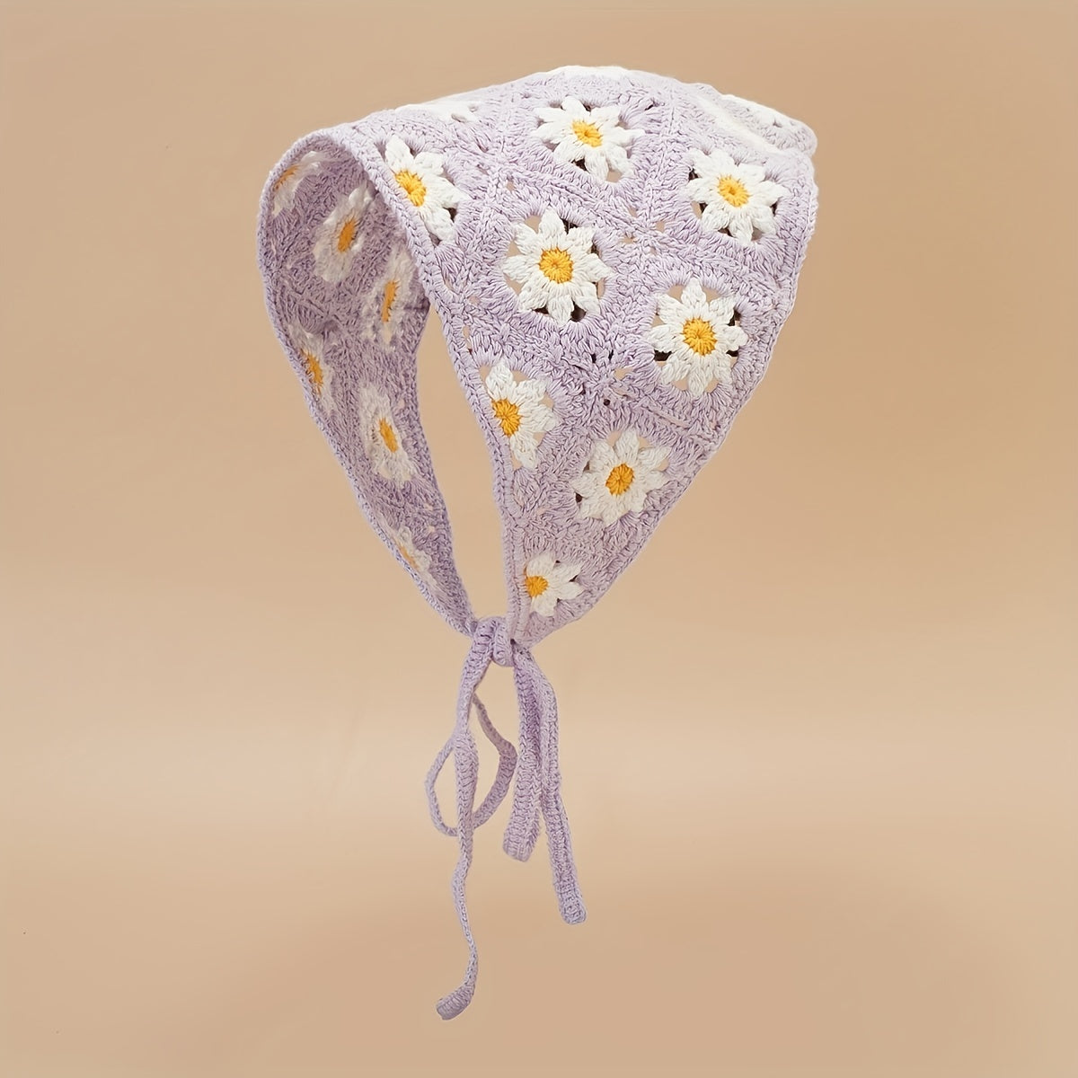 Daisy Flower Knitted Triangle Scarf Head Wrap Hollow Crochet Lace Up Turban Hat
