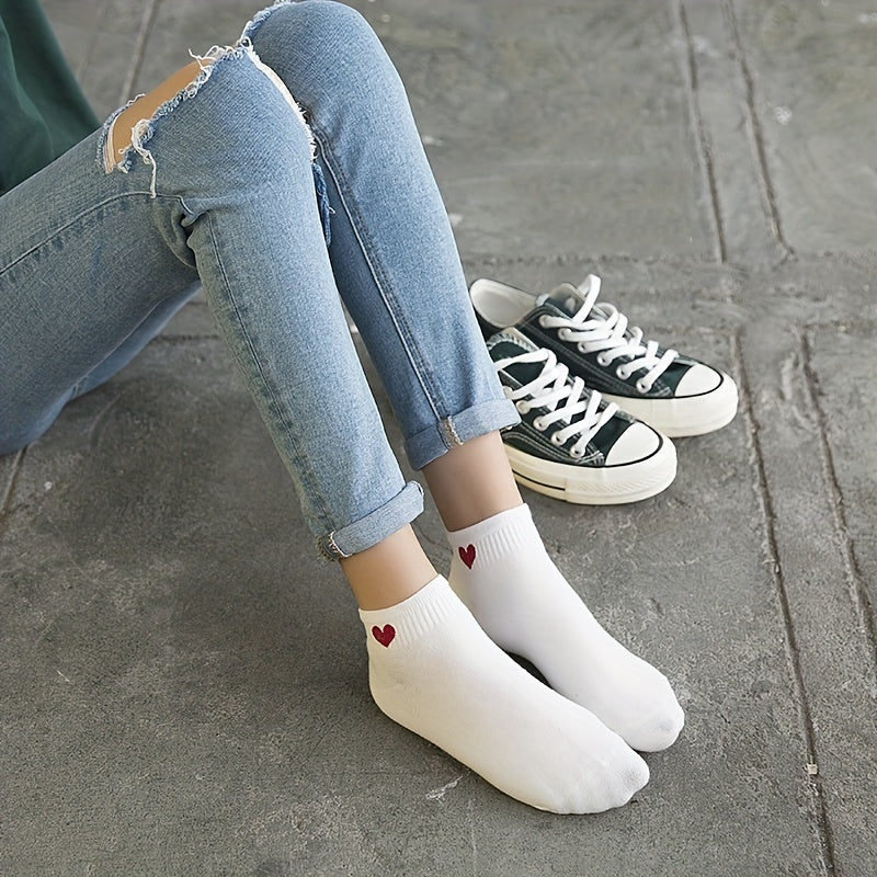 7 Pairs Heart Print Socks & Crew Neck Stockings