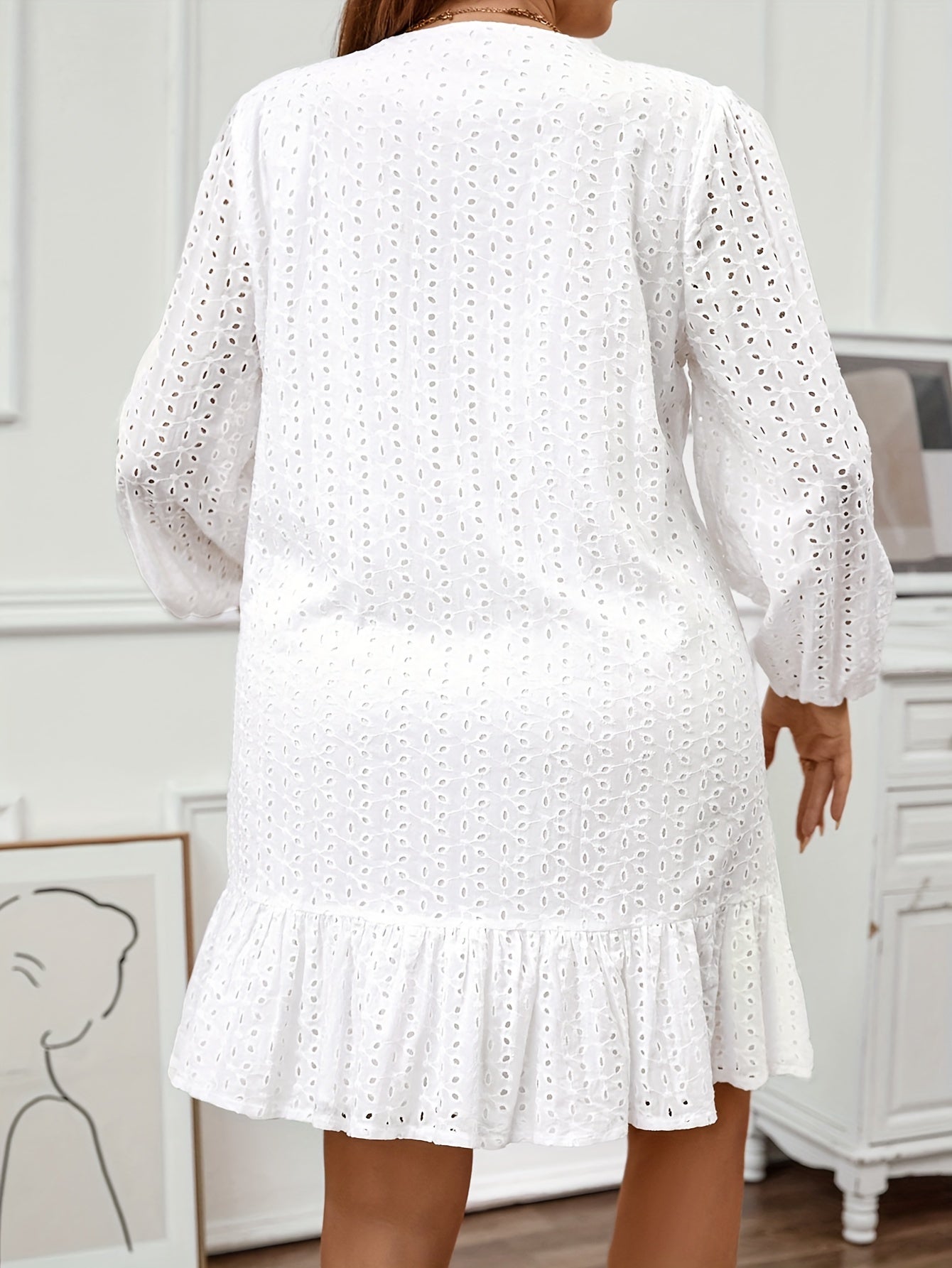  Solid Hollow Out Long Sleeve V Neck Button Up Dress