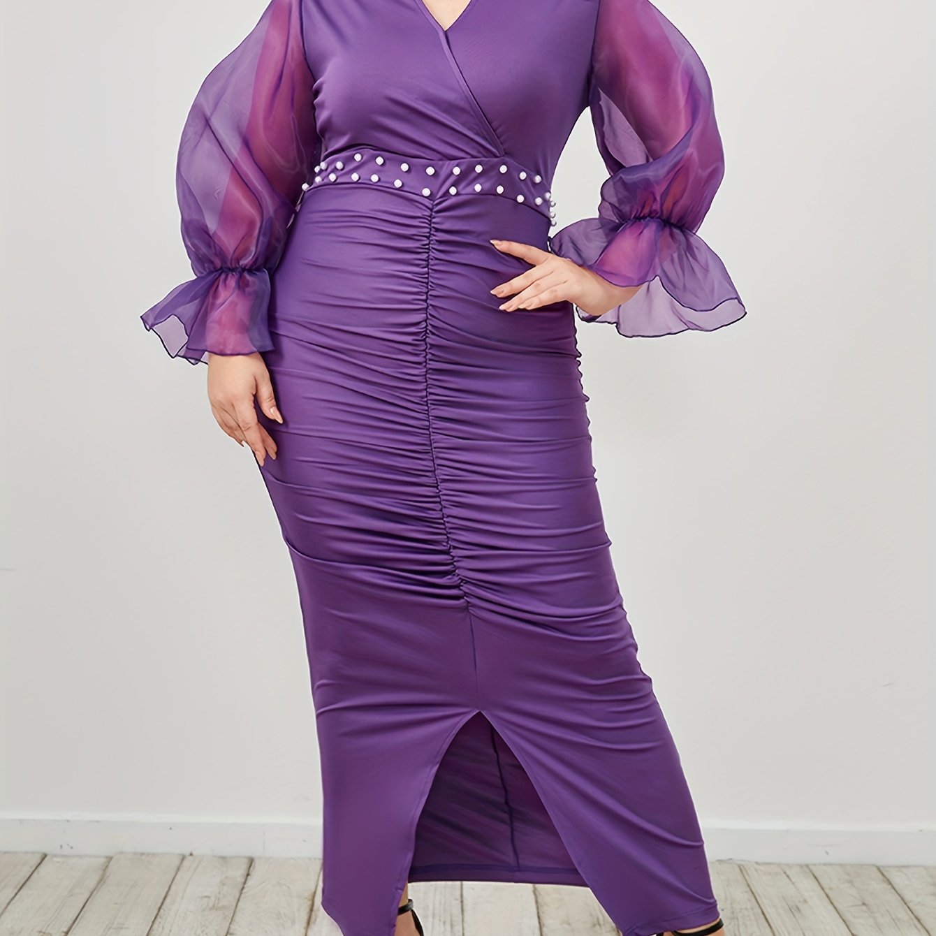  Maxi Dress Surplice Neck Ruched Split