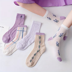 5 Pairs Floral Print Socks Comfy & Breathable Mid Tube Socks Women's Stockings