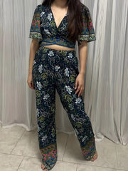 Boho Floral Print 2pc Set Wide Leg Pants & Crop Top